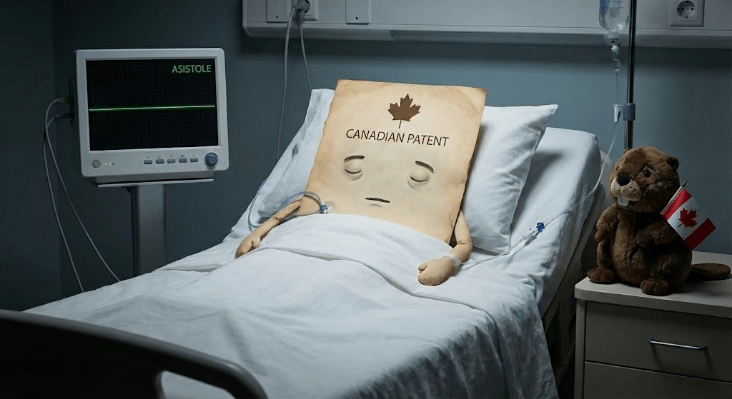 An anthropomorphized Canadian patent is lying dead in a hospital bed, with the monitoring equipment showing a flatline. There is a stuffed animal beaver holding a Canadian flag on the nightstand.